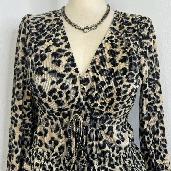 Zara Leopard Animal Print Blouse Puff Long Sleeve V-Neck Size Small - Picture 2 of 6